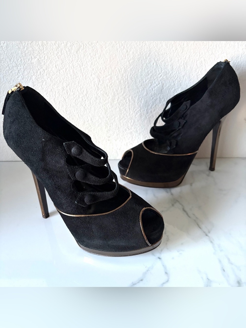 Fendi Womens Suede Peep Toe Stiletto Pumps Size 37 (7 US) Black